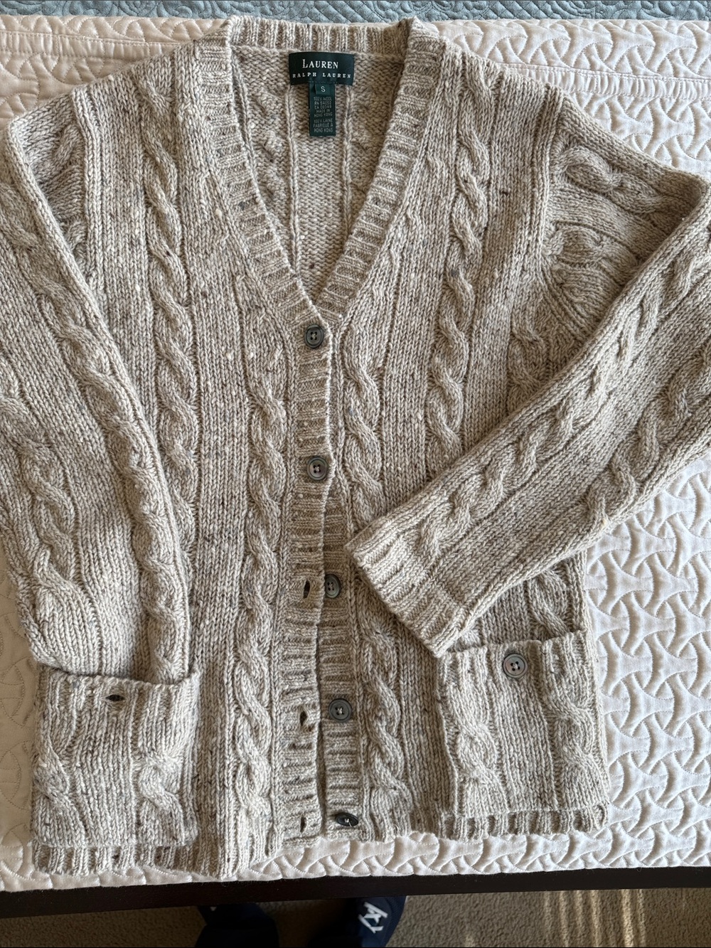Lauren Ralph Lauren Beige Cable-Knit Button Front Cardigan